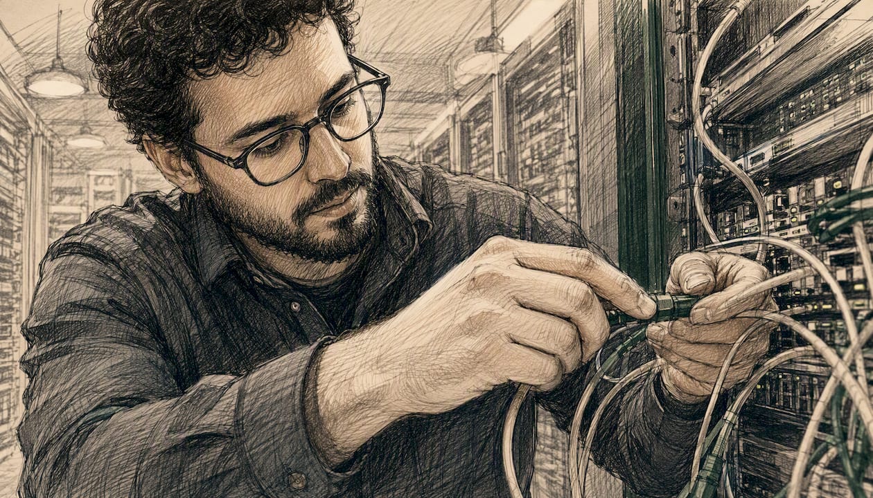 Hands configuring data center equipment