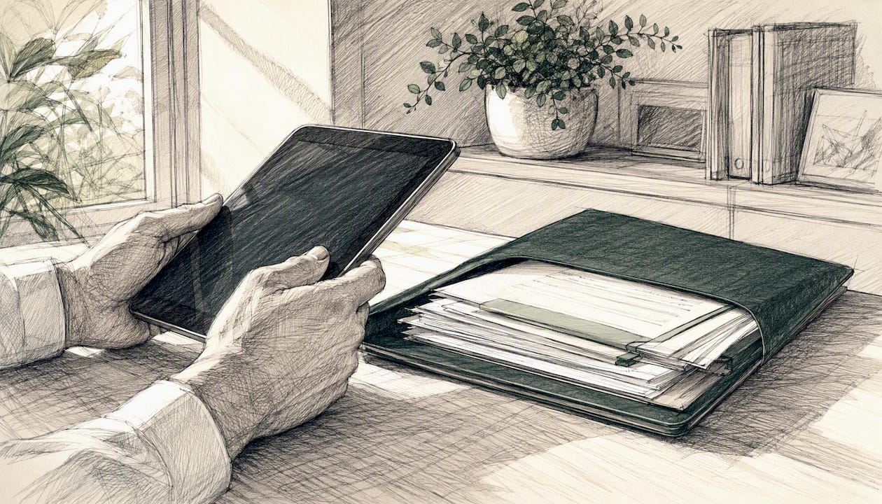 Hands holding tablet with privacy documents
