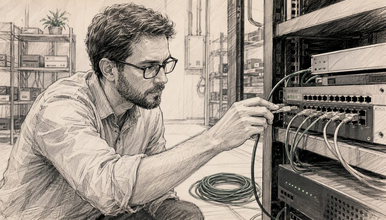 Hands connecting network cables in server rack