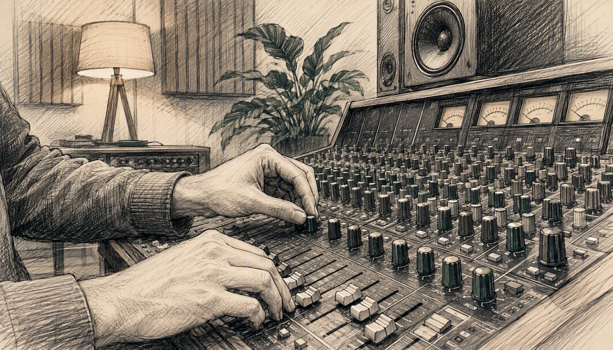 Hands adjusting audio mixer knobs in studio