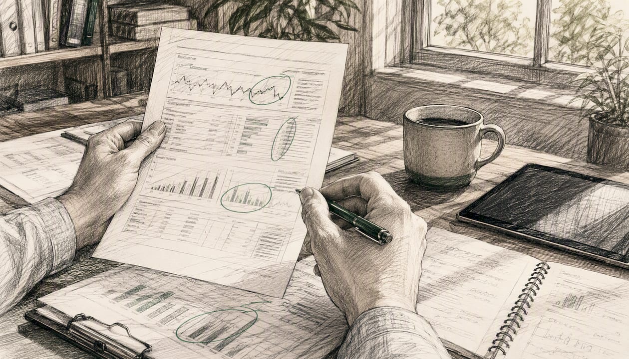 Hands pointing at financial anomalies on report