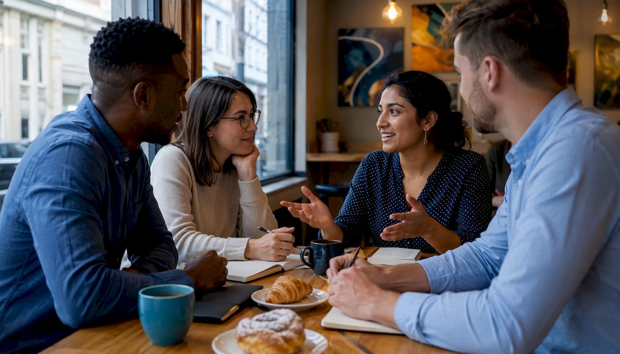 Team discussing lead generation tactics in office