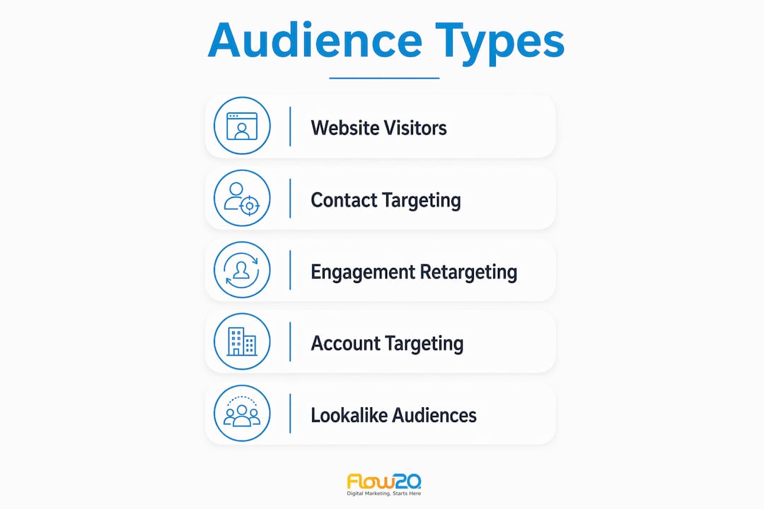 Infographic showing LinkedIn remarketing audience types in flow