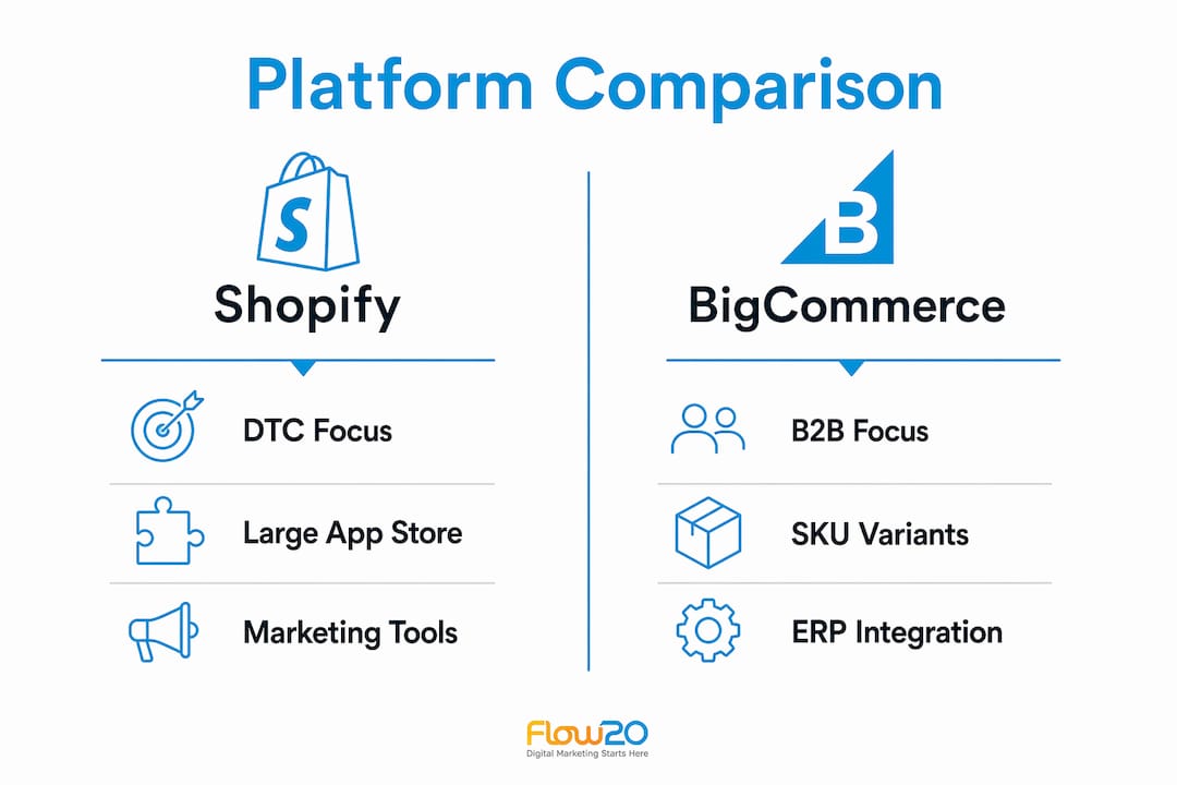 Infographic comparing Shopify and BigCommerce features