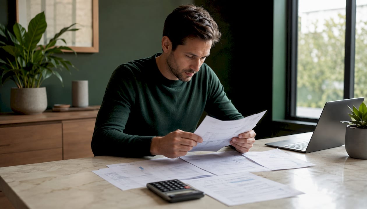 Des mains en train de manipuler une calculatrice et de consulter des dossiers financiers