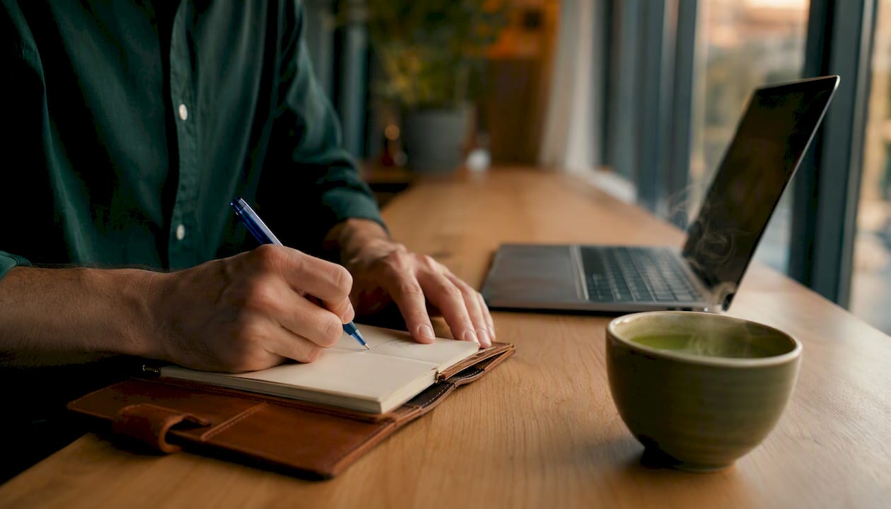Des mains rédigent une liste d’indicateurs de performance dans un café