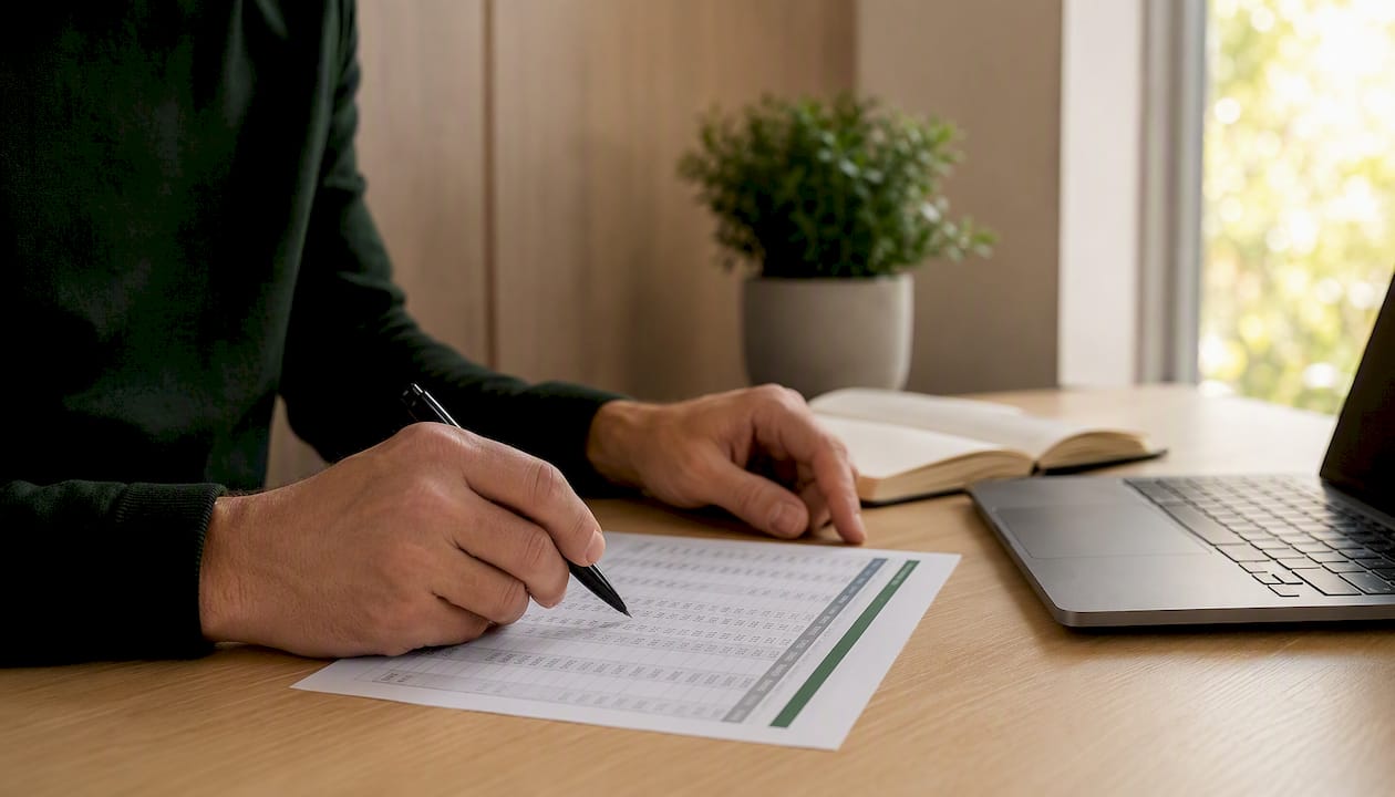 Des mains en train de prendre des notes sur un grand livre de comptes