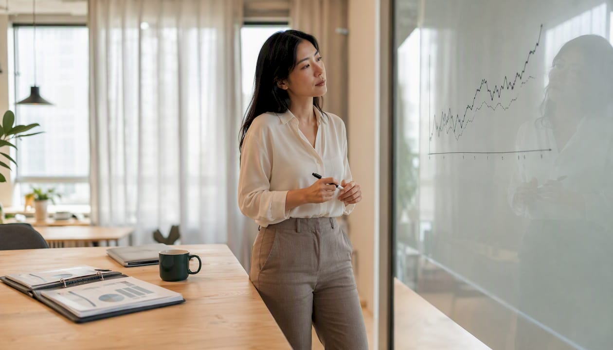 Une professionnelle en pleine réflexion devant un tableau blanc, en train d’élaborer de nouvelles idées.