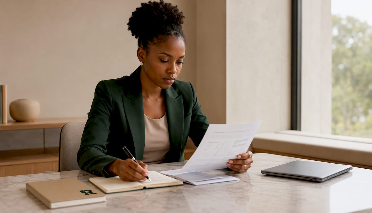 Une femme examine attentivement ses comptes bancaires dans son bureau.
