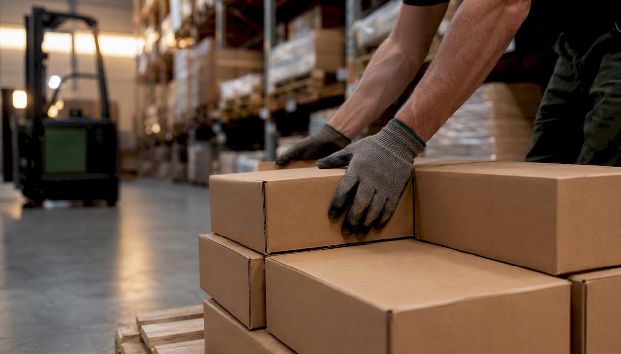 Des employés rangent soigneusement des cartons dans l’entrepôt pour assurer une bonne gestion des stocks.