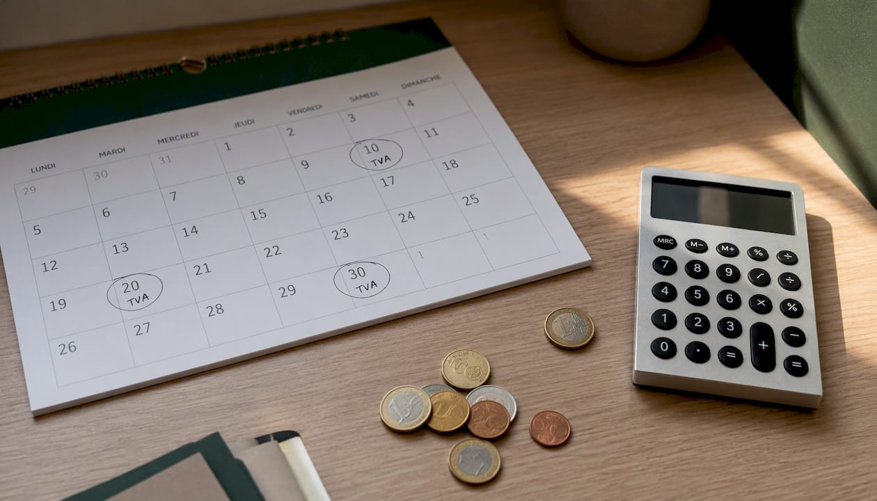 Des dates entourées sur un agenda, posées à côté de pièces de monnaie et d'une calculatrice.