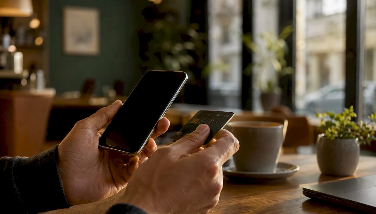 Des mains effectuent un paiement, l'une avec une carte bancaire, l'autre avec un smartphone.