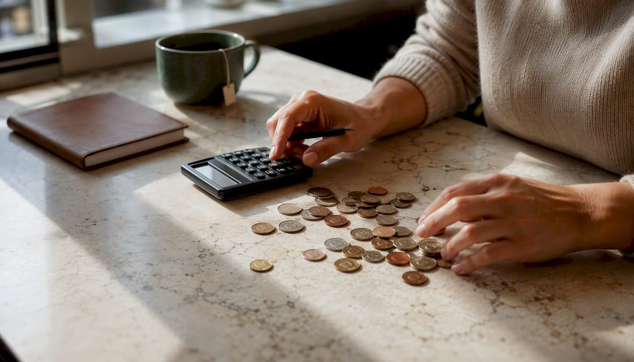 Des mains trient des pièces de monnaie, avec une attention particulière portée à la gestion de la trésorerie.