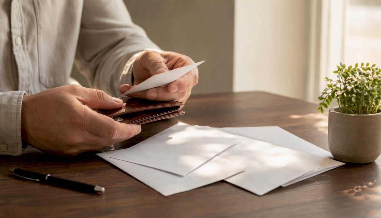 Des mains trient des relevés bancaires étalés sur la table.