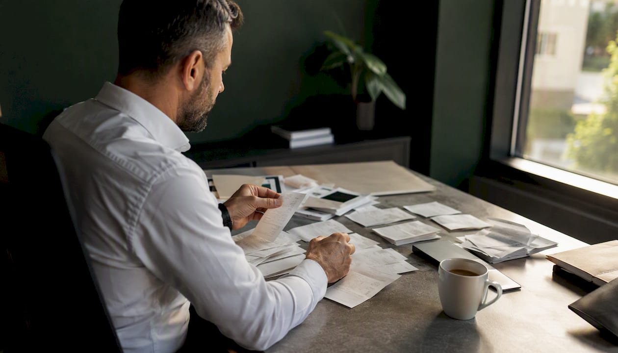 Des mains trient et classent des reçus et documents financiers sur un bureau.
