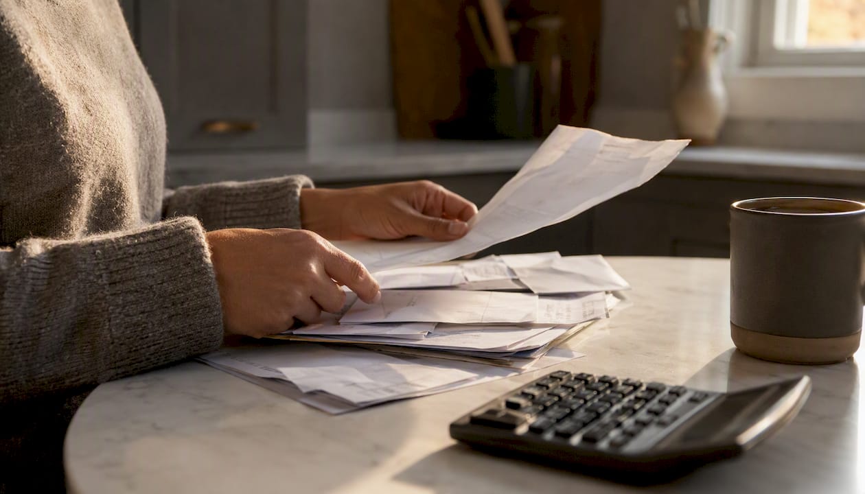 Des mains en train de compter des billets et de vérifier des factures