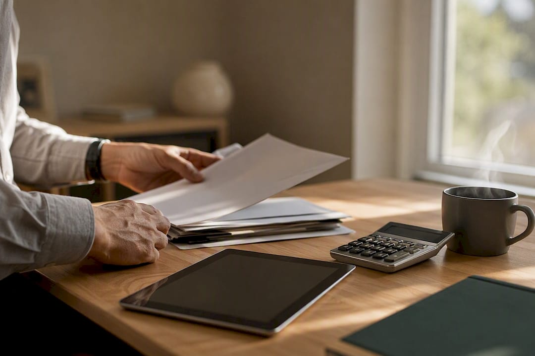 Des mains en train de classer des documents de négociation avec une calculatrice à portée de main