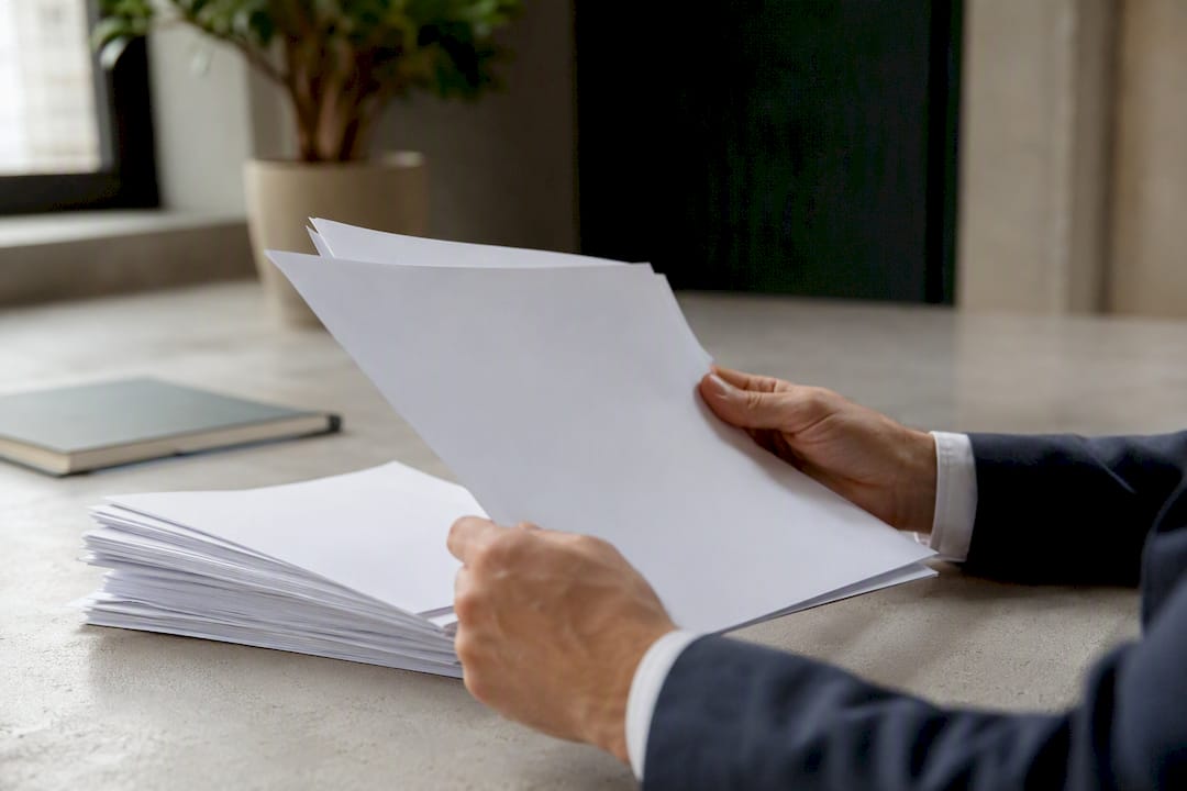 Mains triant des factures sur un bureau