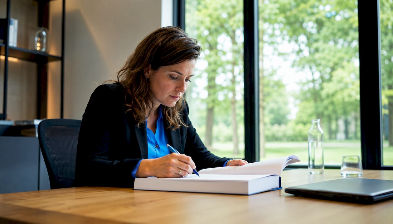 Een data officer beoordeelt documenten over privacy by design volgens de AVG-richtlijnen.