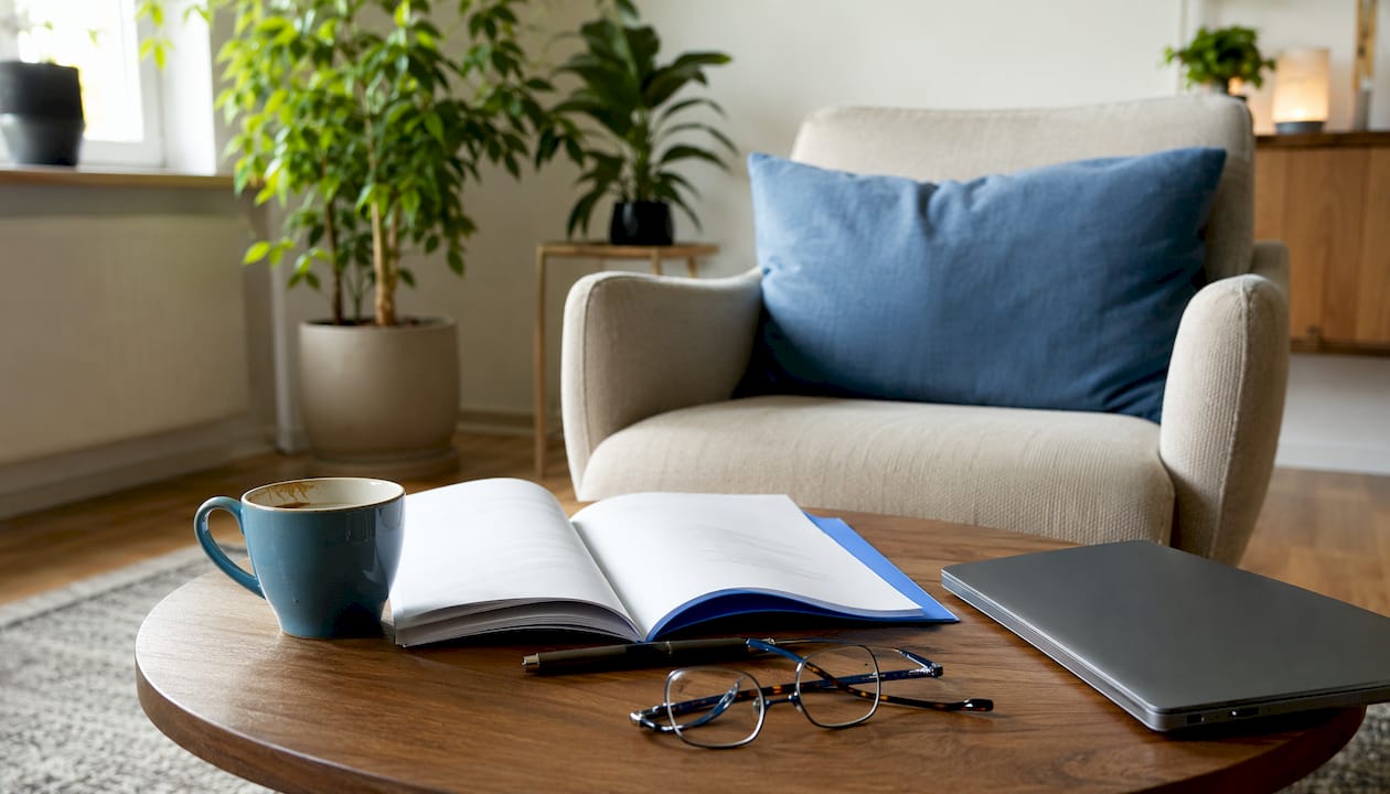 A privacy statement and a laptop lie on a conference table, photographed from above.