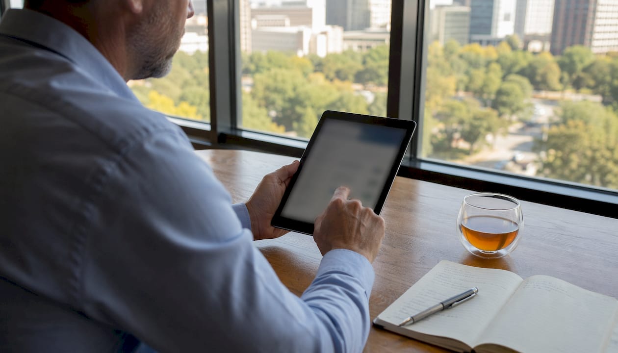 Handen bedienen een tablet met een beveiligde omgeving