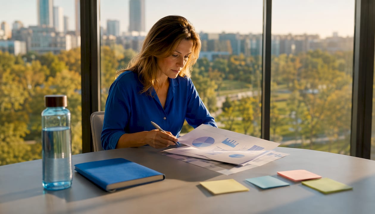 Een coach zit aan zijn bureau en neemt de 360-graden feedbackrapporten zorgvuldig door.