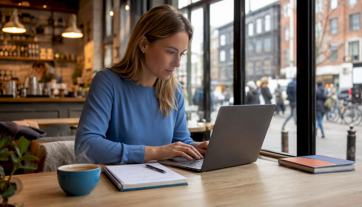 Coach aan het werk achter zijn laptop in een thuiskantoor
