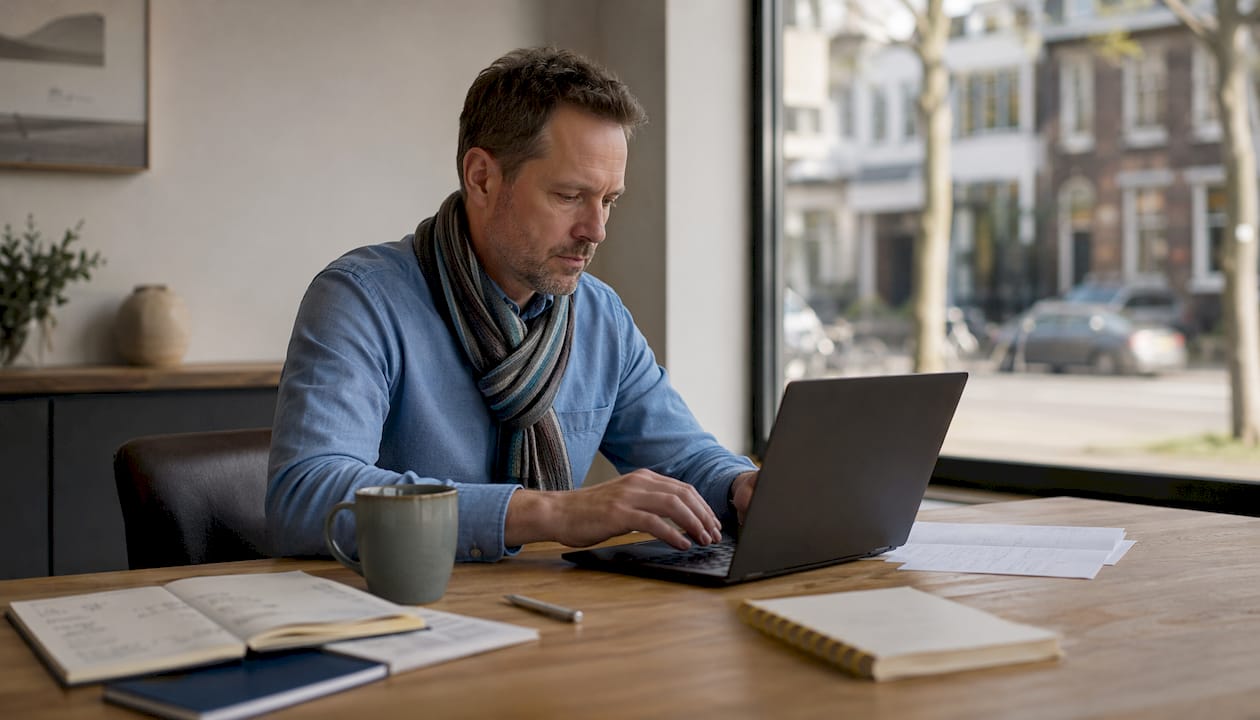 Iemand zit achter zijn laptop en tikt aantekeningen van de sessie in.
