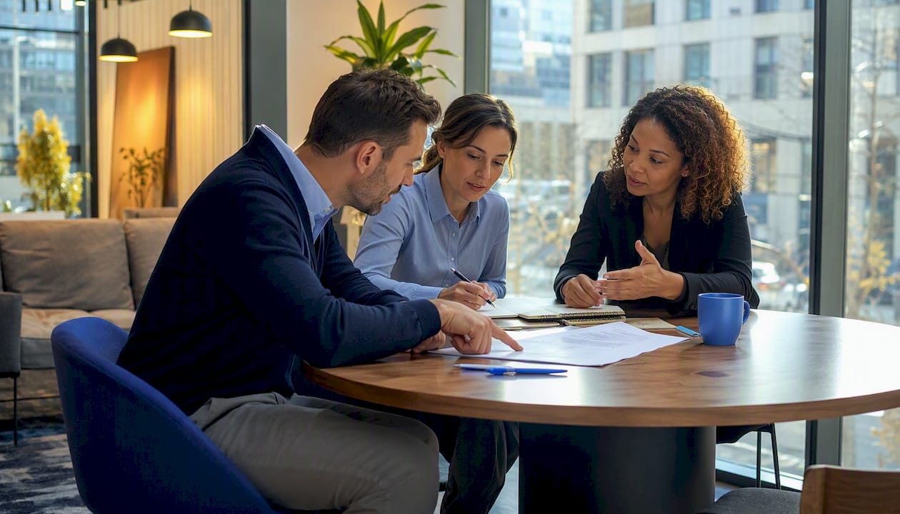 Twee specialisten zitten samen om tafel en bespreken de voorwaarden van softwarecontracten die voldoen aan de AVG.