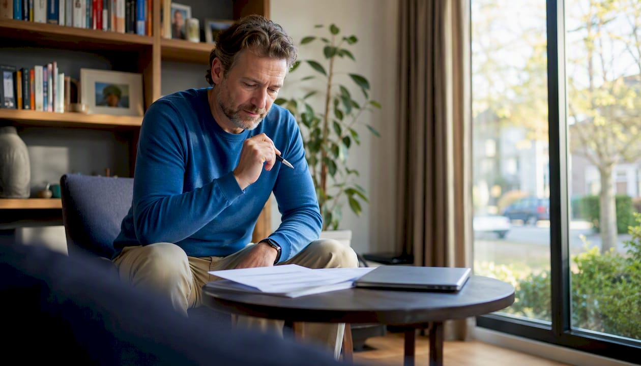 Coach bladert door zijn aantekeningen aan het bureau