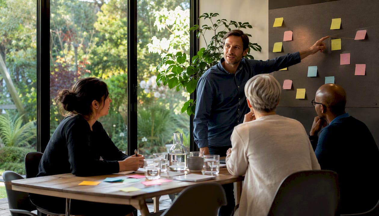 Working together during a group coaching session in a meeting room