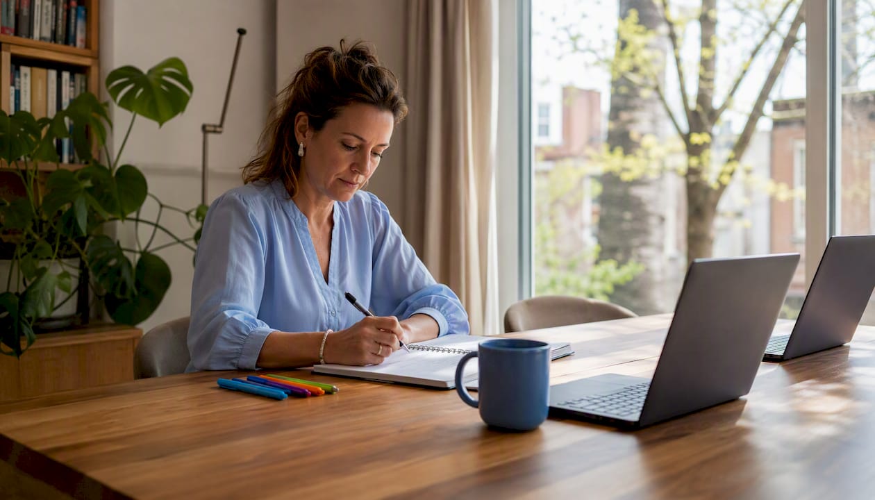 A coach sits at their desk comparing various software tools.