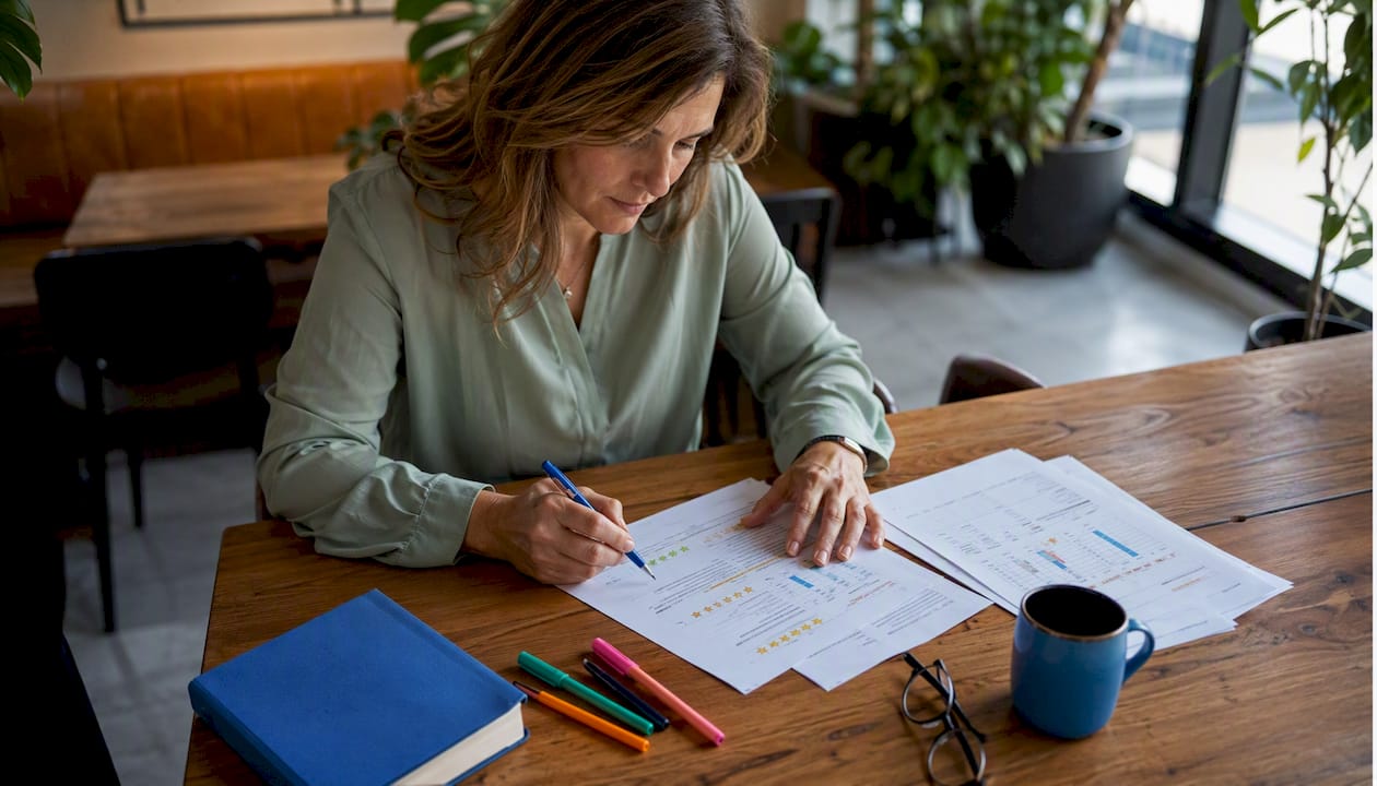 Two hands placing printed user reviews on the desk