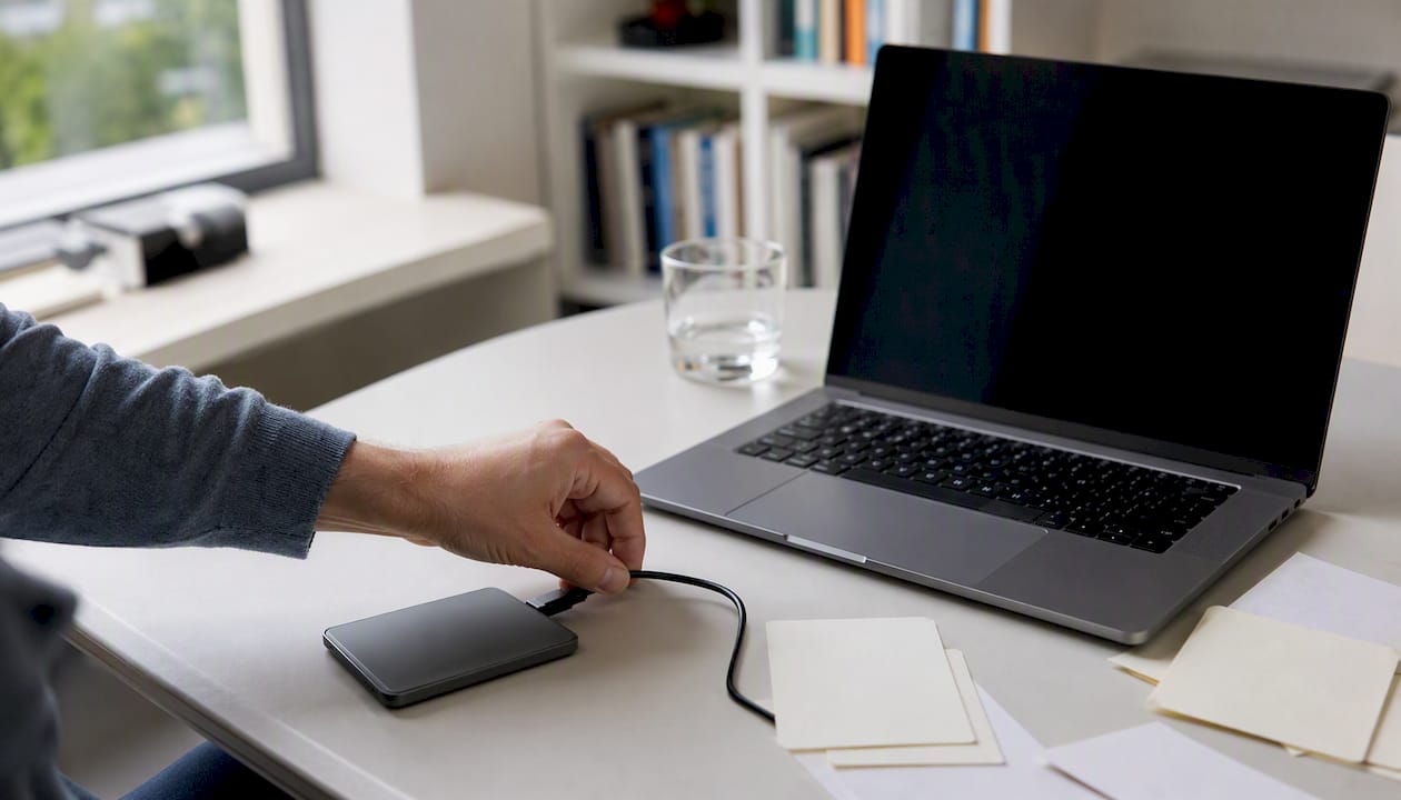 Iemand sluit een externe harde schijf aan op zijn laptop.