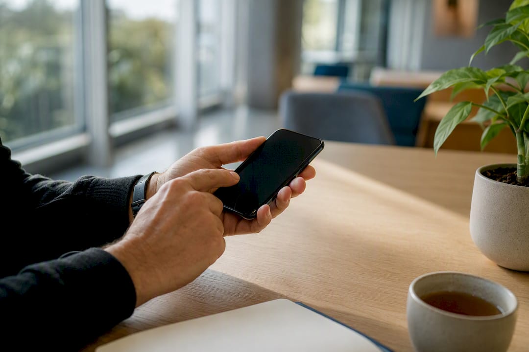 De coach zit in zijn kantoor en houdt zijn smartphone vast.