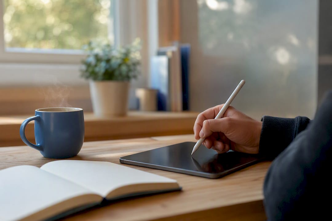 Met de hand klaar boven de tablet tijdens het coachgesprek