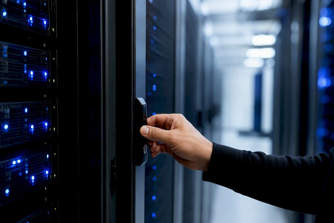 Hand die een beveiligde serverkast afsluit
