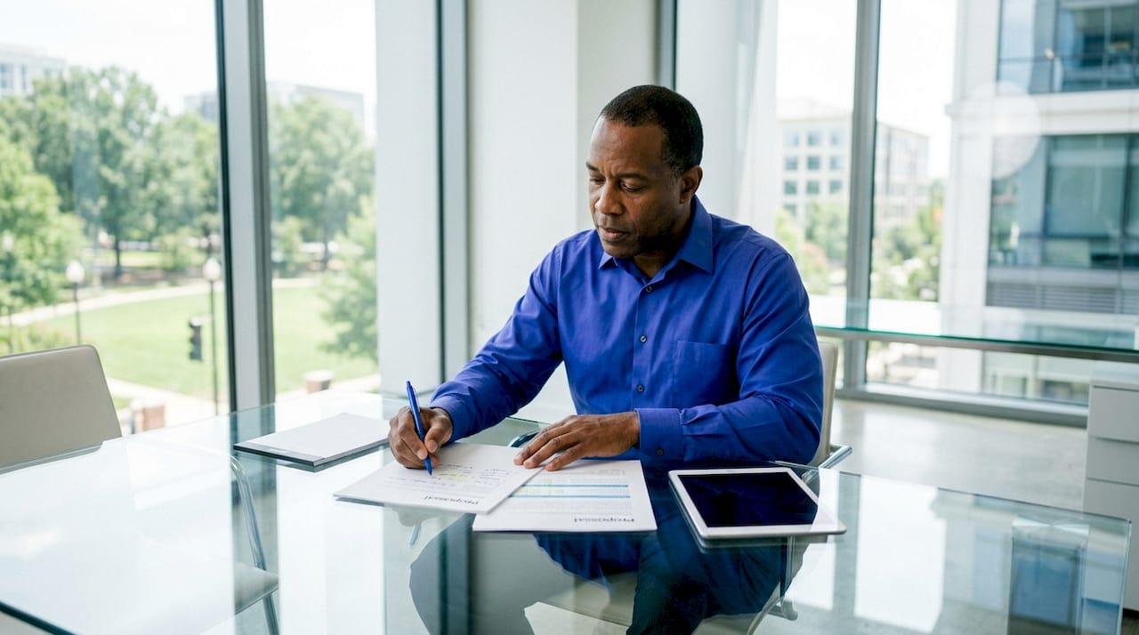 Hands editing proposal documents with pen