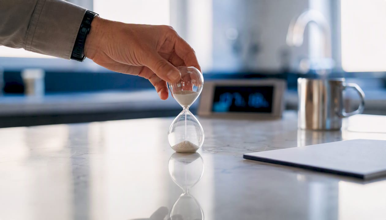 Hand flipping hourglass on conference table