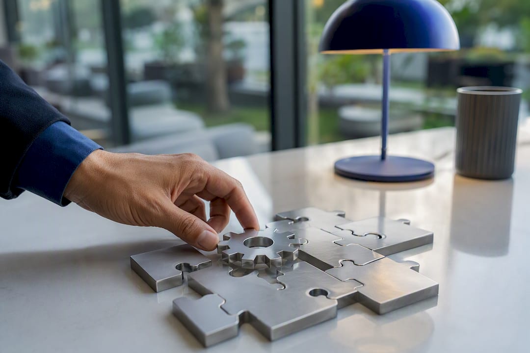 Hand assembling puzzle pieces symbolizing project scope