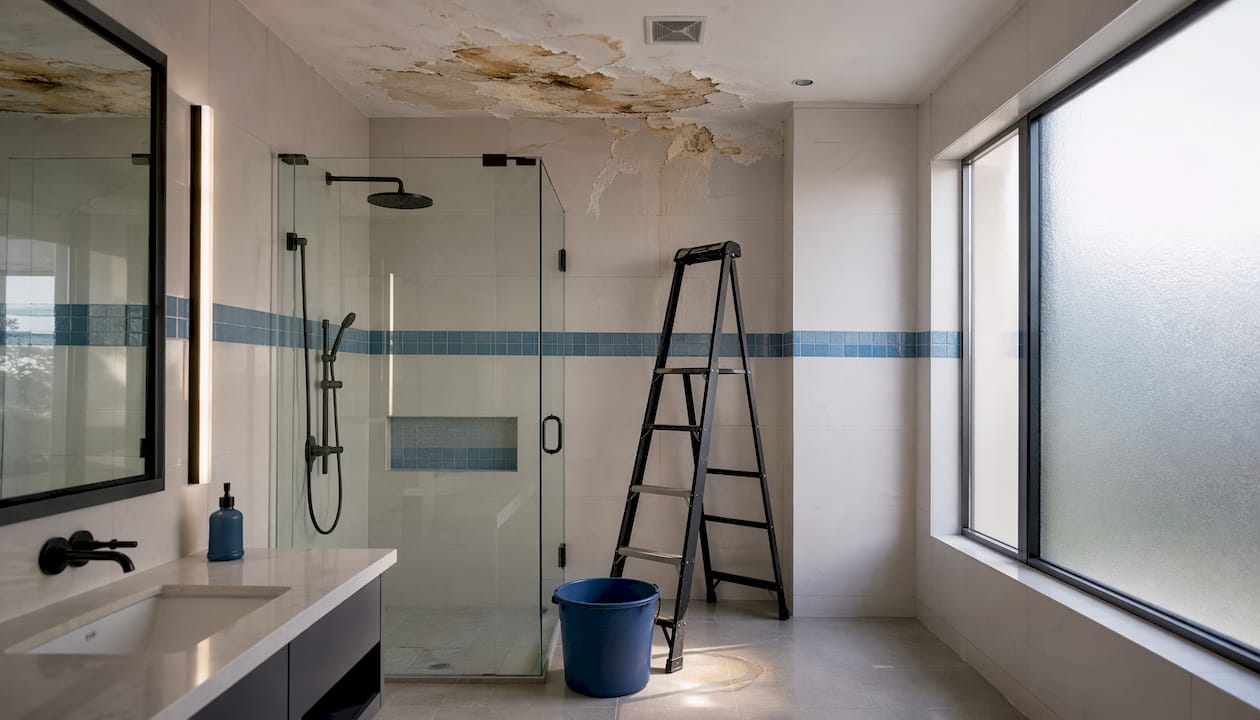 Water stained damaged bathroom ceiling closeup
