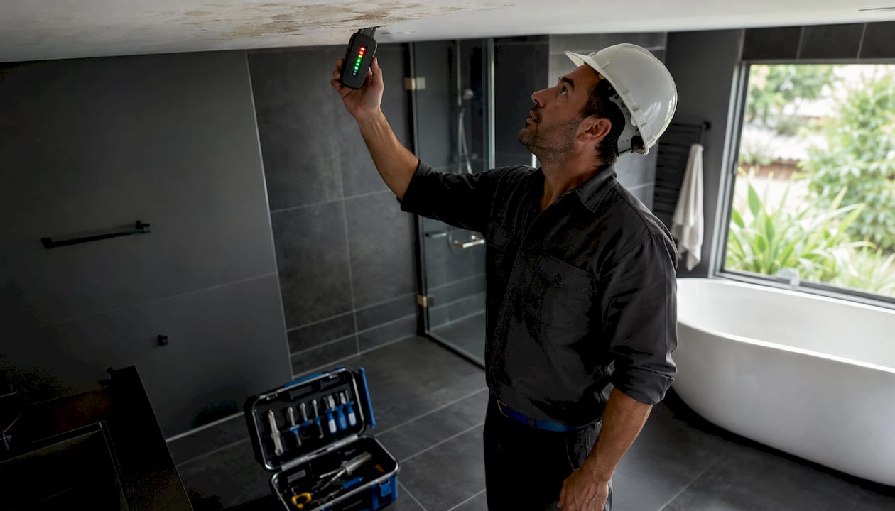 Plumber inspecting shower leak in ceiling