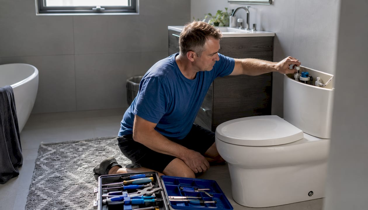 Person fixing running toilet in bathroom