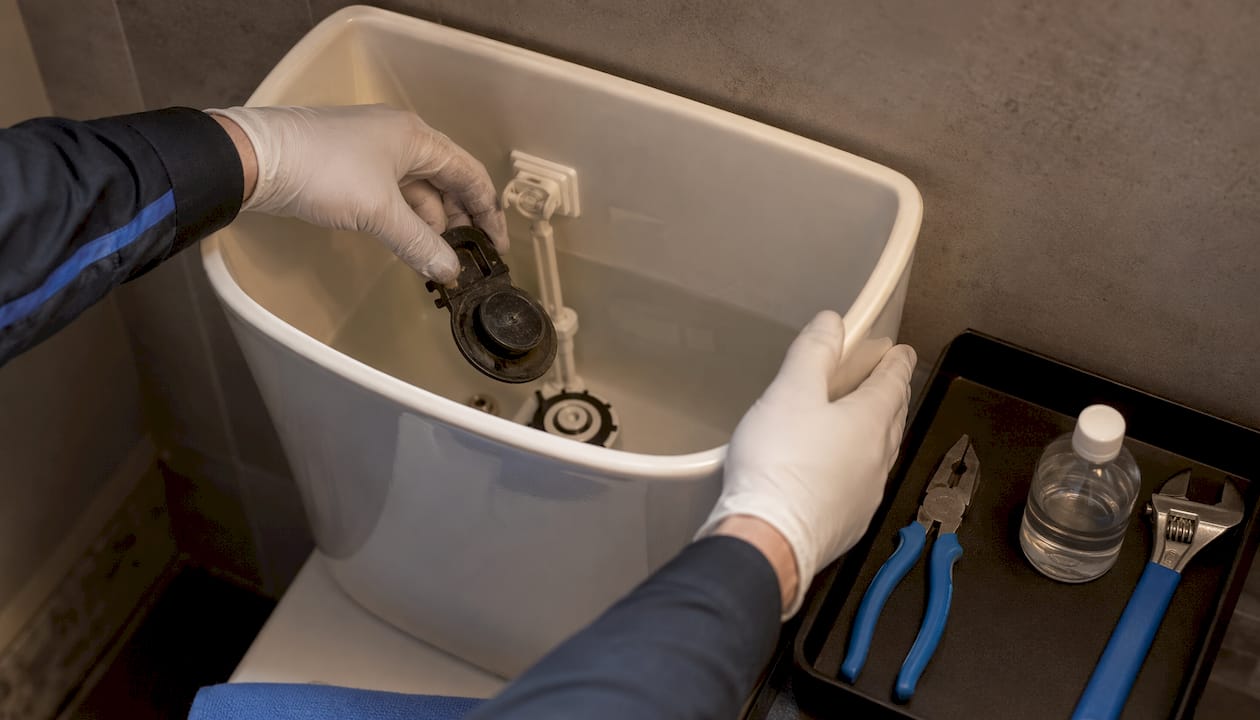 Hands replacing toilet flapper seal