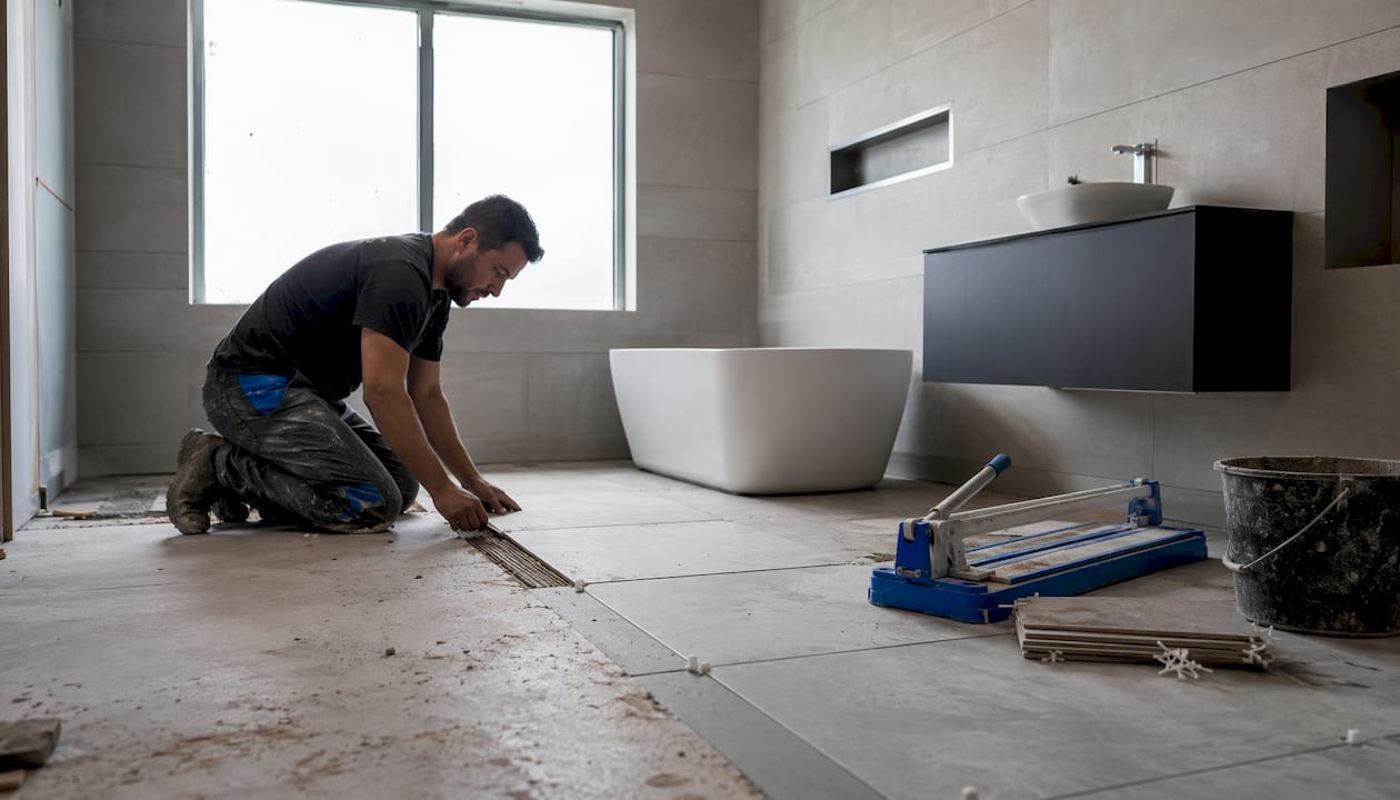 Tiler applying large ceramic bathroom tiles