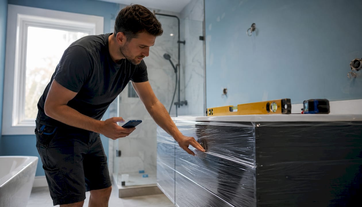 Homeowner checking budget-friendly bathroom vanity