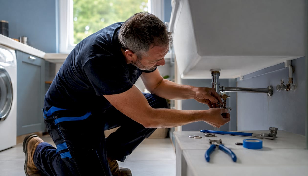 Man repairing a dripping kitchen tap