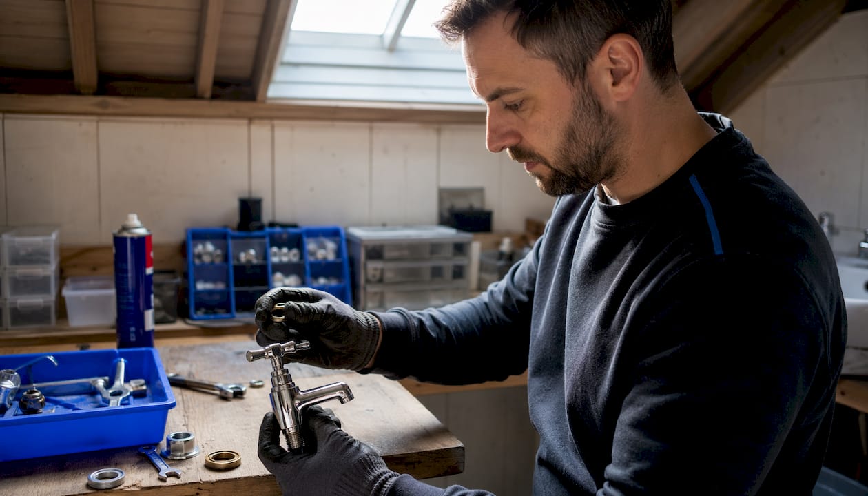 Close-up of hands removing worn washer from tap