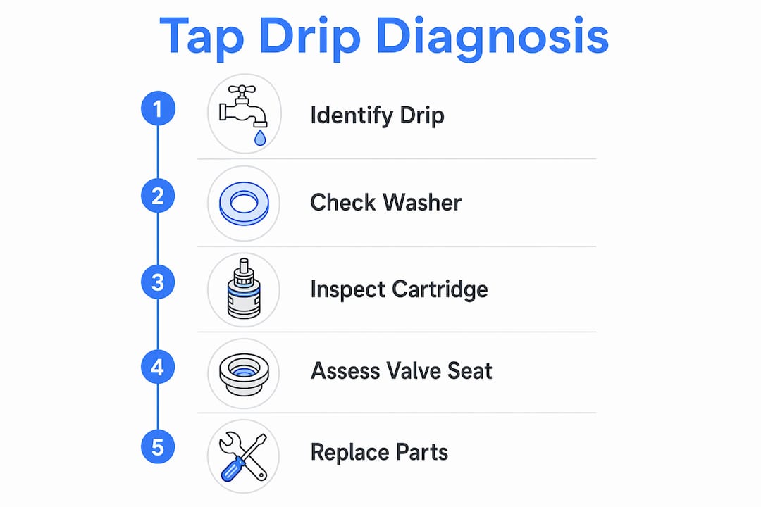 Infographic detailing steps to diagnose dripping tap