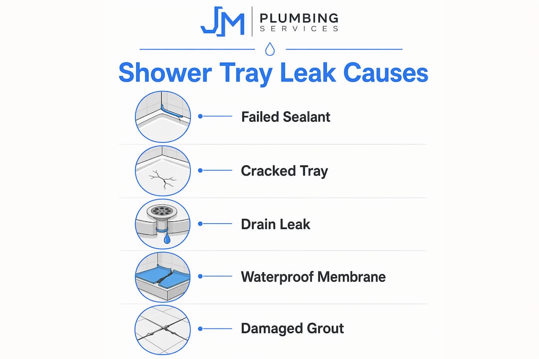 Infographic showing common causes of shower tray leaks